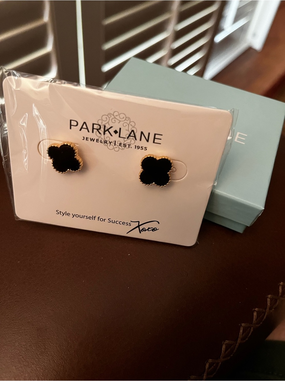 Park Lane Gold-Trim Black Clover Stud Earrings